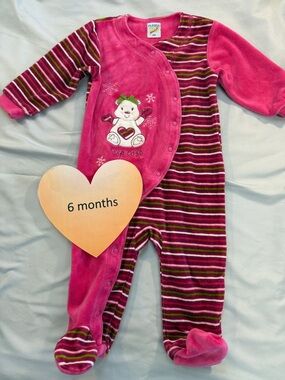 Please Mum - Vintage Canadian Pink Striped Velour Onesie with Bear Design